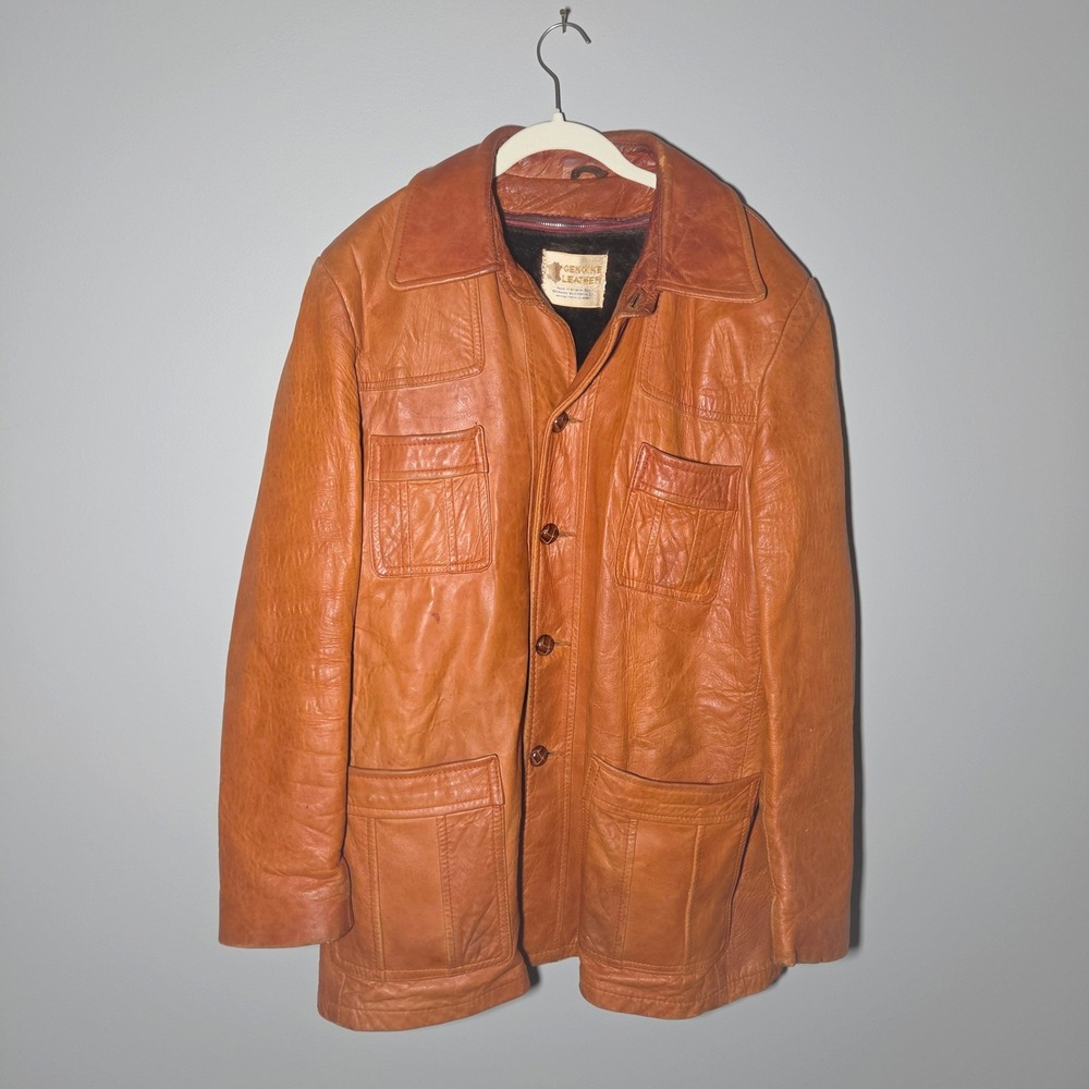 Vintage Berman Buckskin Leather Jacket Mens Brown Faux Fur Lined Field Coat 70s